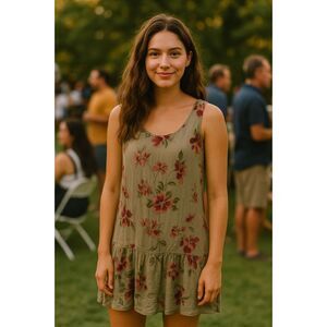 GIULIA ITALY SIZE SMALL 100% SILK OLIVE FLARAL TANK DRESS WITH BOTTOM RUFFLE